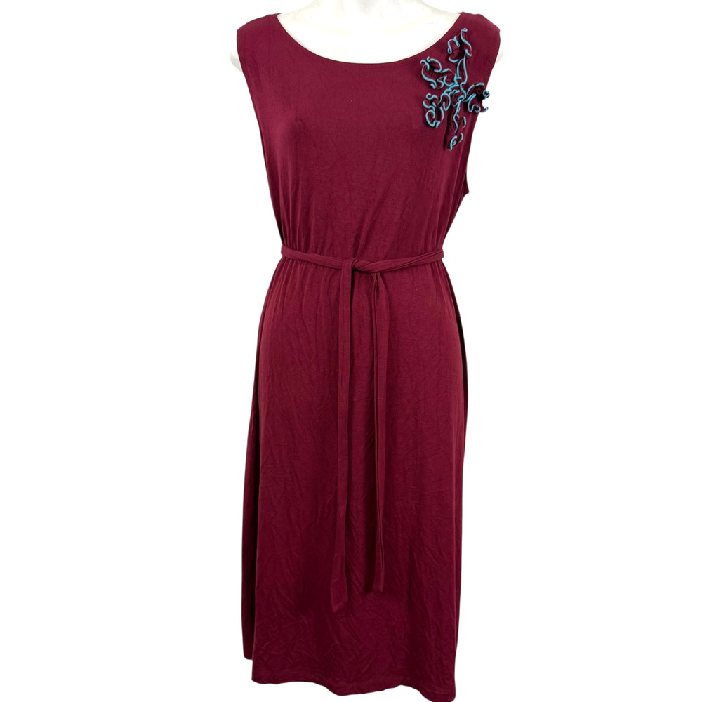 JW San Francisco Burgundy Teal Jersey Knit Belted Sleeveless Dress Ruffle sz XL
